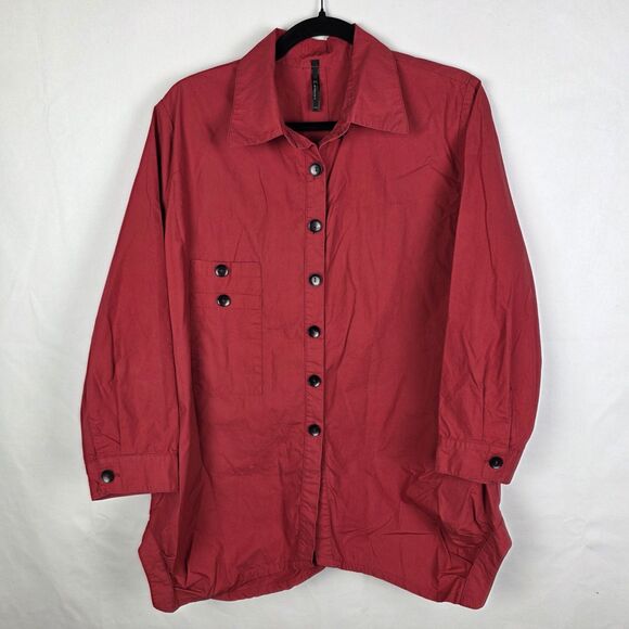 IC By Connie K Blouse Women’s Large Red Button Down Asymmetrical Tunic Artsy Art - Picture 1 of 6